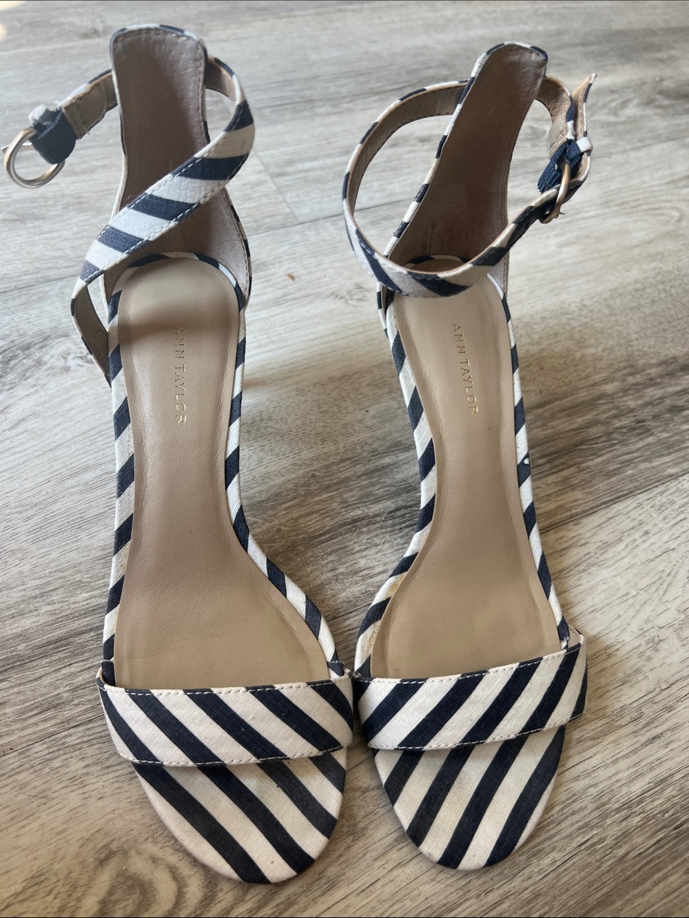 Ann Taylor Navy and White Striped Ankle-Strap Heels